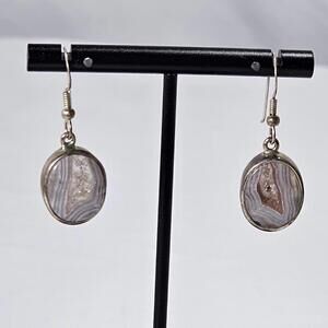 Vtg Sterling Silver .925 Lace Banded Agate Earrings. Beautiful Geode Dangle